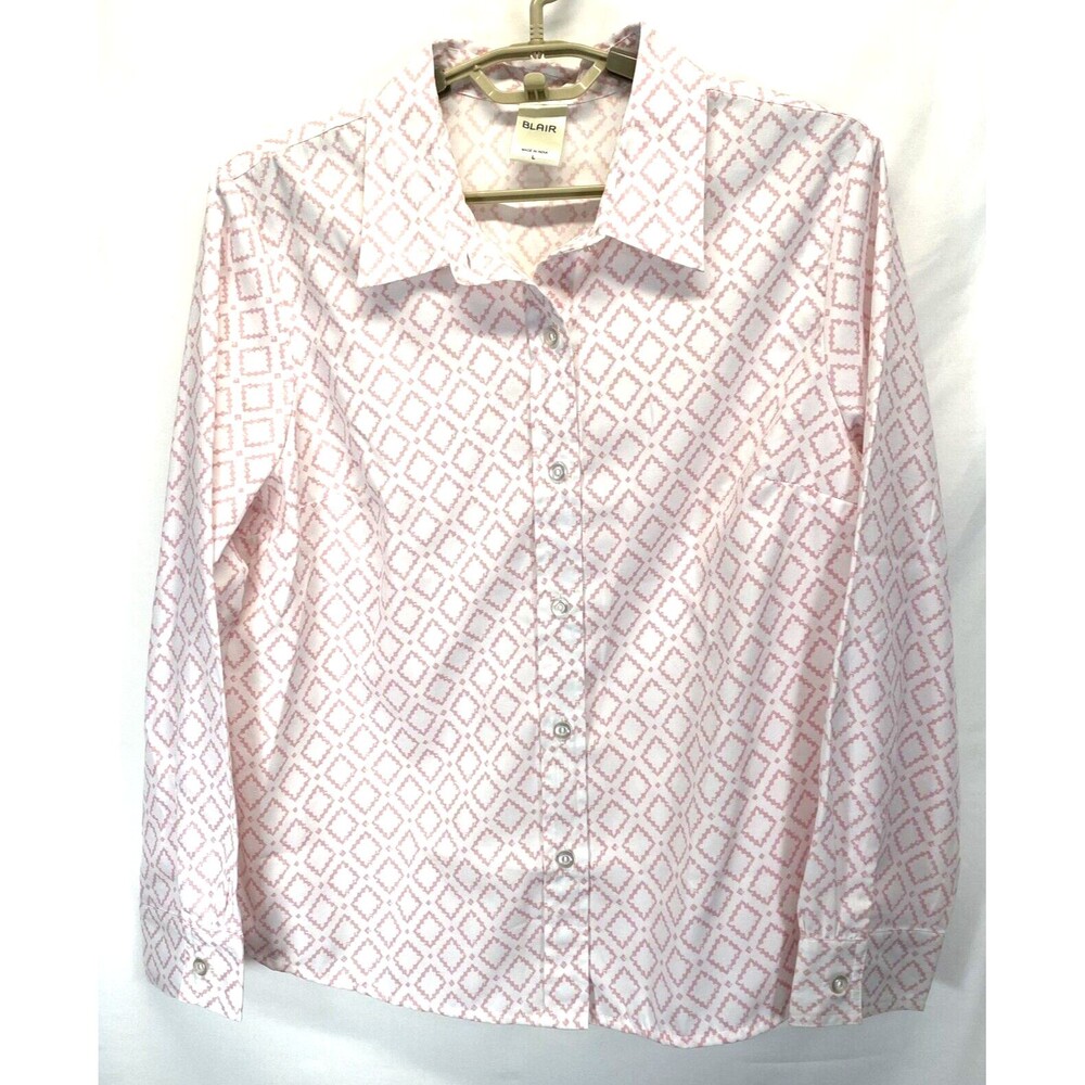 Blair Womens Large Button Up Shirt Pink Geometric Long Sleeves Polyester RN81700